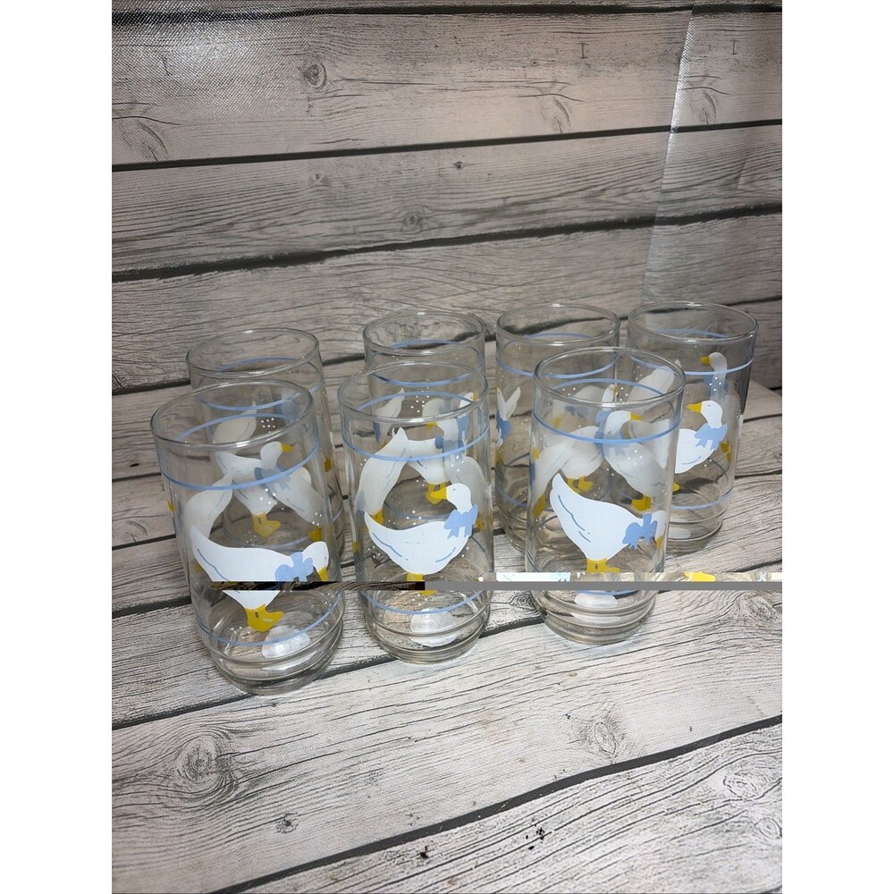 Vintage Libby Drinking Glasses Country Goose Blue Ribbon Bow Geese Set Of 7